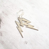 Lightning Bolt Earring - silver or gold SHAZAM charm, high voltage storm weather dangle on simple ear hooks, long jagged zig zag shape - Constant Baubling