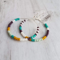 Beaded Silver Hoop Earrings, thin circle earring, beaded hoop, seed bead earring, beaded earring, mint, mustard, turquoise, plum brown, tiny - Constant Baubling