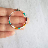 Beaded Silver Hoop Earrings, thin circle earring, beaded hoop, seed bead earring, beaded earring, mint, mustard, turquoise, plum brown, tiny - Constant Baubling