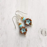 Hibiscus Earrings, turquoise brown earring, glass flower earring, brown aqua earring, patina earring, flower earrings amber sky blue earring - Constant Baubling