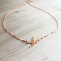 Rose Gold Bird Necklace, small bird necklace, chain with bird, sparrow pendant, flying bird necklace, rose gold chain, open wing bird, free - Constant Baubling