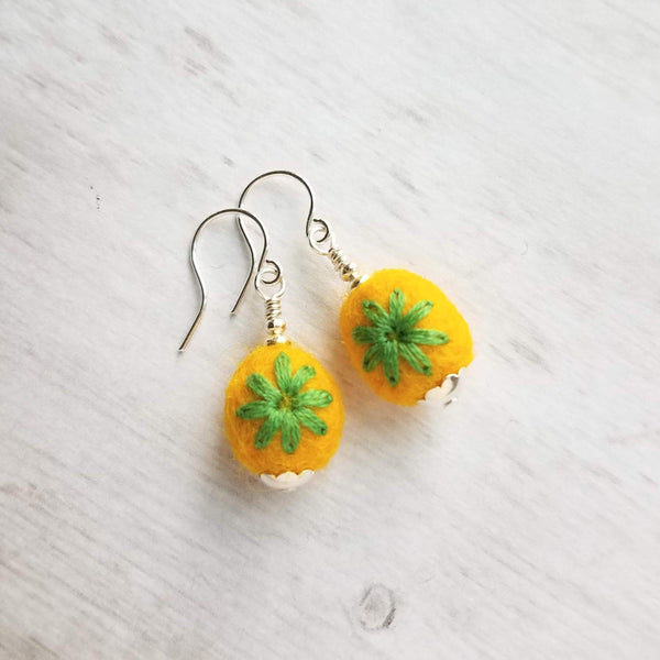 Embroidered Flower Earrings, yellow green earring, felt earring, wool earring, wool ball earring, yellow flower earring green flower earring - Constant Baubling