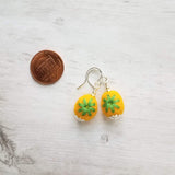 Embroidered Flower Earrings, yellow green earring, felt earring, wool earring, wool ball earring, yellow flower earring green flower earring - Constant Baubling