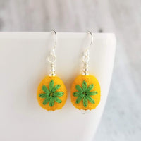 Embroidered Flower Earrings, yellow green earring, felt earring, wool earring, wool ball earring, yellow flower earring green flower earring - Constant Baubling