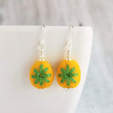 Embroidered Flower Earrings, yellow green earring, felt earring, wool earring, wool ball earring, yellow flower earring green flower earring - Constant Baubling