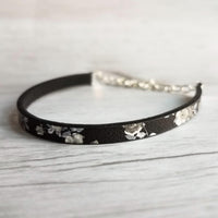Black Wrap Bracelet, vegan leather bracelet, flat cord bracelet, black floral print, thin black bracelet, slim bracelet, silver chain flower - Constant Baubling
