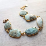 Blue Stone Bracelet - genuine Larimar gemstones in 14k gold plate bezel frame & adjustable chain - sky powder baby blue oblong facet cut - Constant Baubling