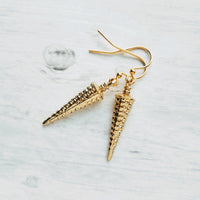 Long Gold Spike Earrings, long gold earring, gold spear earring, narrow spear, gold dagger earring, gold cone earring, dimpled simple gold - Constant Baubling