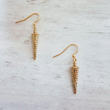 Long Gold Spike Earrings, long gold earring, gold spear earring, narrow spear, gold dagger earring, gold cone earring, dimpled simple gold - Constant Baubling