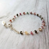 Tourmaline Stone Bracelet, tiny gemstone bracelet, delicate thin bracelet, dainty bracelet, silver tourmaline chain, little pink green gold - Constant Baubling