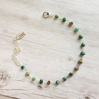 Chrysocolla Teal Stone Bracelet- tiny semi precious gemstones w/ adjustable silver chain, blue green aqua brown little beads - Constant Baubling