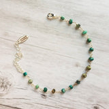 Chrysocolla Teal Stone Bracelet- tiny semi precious gemstones w/ adjustable silver chain, blue green aqua brown little beads - Constant Baubling