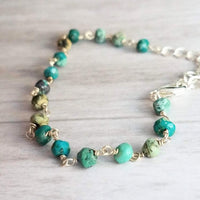 Chrysocolla Teal Stone Bracelet- tiny semi precious gemstones w/ adjustable silver chain, blue green aqua brown little beads - Constant Baubling