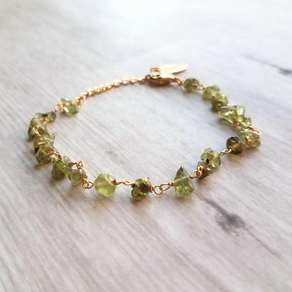 Peridot Bracelet - small semi precious gemstones chunks w/ delicate adjustable gold chain, August birthstone jewelry, August birthday gift - Constant Baubling