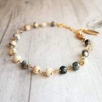 Small Stone Bracelet, dendrite opal bracelet, rosary bracelet, beaded bracelet, adjustable gold chain, tiny black white gemstone bracelet - Constant Baubling