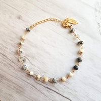 Small Stone Bracelet, dendrite opal bracelet, rosary bracelet, beaded bracelet, adjustable gold chain, tiny black white gemstone bracelet - Constant Baubling