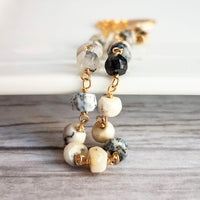 Small Stone Bracelet, dendrite opal bracelet, rosary bracelet, beaded bracelet, adjustable gold chain, tiny black white gemstone bracelet - Constant Baubling