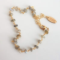 Labradorite Bracelet, tiny grey stone, semi precious gemstone, adjustable gold chain, vitreous iridescent blue green flash, spiritual symbol - Constant Baubling