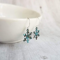 Small Snowflake Earrings, rustic snowflake earring, verdigris patina earring, simple snowflake earring, winter earring, snow jewelry, xmas - Constant Baubling