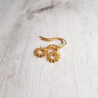 Small Sun Earrings, little gold sun earrings, tiny gold sun earrings, gold gear earrings, sunshine earring, happy cheerful jewelry gift - Constant Baubling