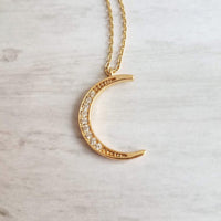 CZ Moon Necklace - thin celestial crescent moon pendant on fine delicate 14K gold plate chain, tiny cubic zirconia stone charms - Constant Baubling