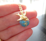 Earth Necklace, 14K gold fill chain, turquoise stone globe, world pendant, gemstone globe, travel gift, long distance far away friend planet - Constant Baubling