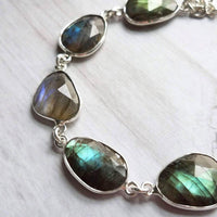 Labradorite Bracelet, oval stone bracelet, chunky stone bracelet, gemstone bracelet, silver frame, iridescent stone metallic flash bracelet - Constant Baubling