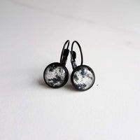 Moon Crater Earrings - celestial night sky art prints under glass domes, black brass lever back hooks, solar system natural satellite - Constant Baubling