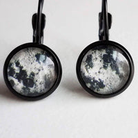 Moon Crater Earrings - celestial night sky art prints under glass domes, black brass lever back hooks, solar system natural satellite - Constant Baubling