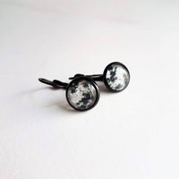 Moon Crater Earrings - celestial night sky art prints under glass domes, black brass lever back hooks, solar system natural satellite - Constant Baubling