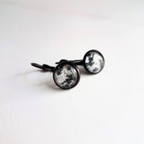 Moon Crater Earrings - celestial night sky art prints under glass domes, black brass lever back hooks, solar system natural satellite - Constant Baubling