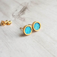 Capri Blue Earrings - bright faux druzy stone, round rough jagged rock, gold hypoallergenic stainless surgical steel post, ocean blue - Constant Baubling