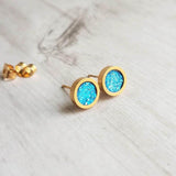 Capri Blue Earrings - bright faux druzy stone, round rough jagged rock, gold hypoallergenic stainless surgical steel post, ocean blue - Constant Baubling