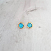 Capri Blue Earrings - bright faux druzy stone, round rough jagged rock, gold hypoallergenic stainless surgical steel post, ocean blue - Constant Baubling