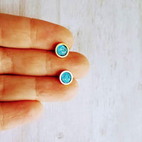 Capri Blue Earrings - bright faux druzy stone, round rough jagged rock, gold hypoallergenic stainless surgical steel post, ocean blue - Constant Baubling