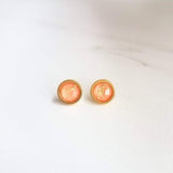 Peach Earrings, small pink peach studs, gold leaf earring, small round stud, little peach, gold foil earrings suspended gold earrings, facet - Constant Baubling