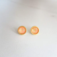 Peach Earrings, small pink peach studs, gold leaf earring, small round stud, little peach, gold foil earrings suspended gold earrings, facet - Constant Baubling