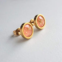 Peach Earrings, small pink peach studs, gold leaf earring, small round stud, little peach, gold foil earrings suspended gold earrings, facet - Constant Baubling