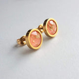 Peach Earrings, small pink peach studs, gold leaf earring, small round stud, little peach, gold foil earrings suspended gold earrings, facet - Constant Baubling