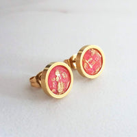 Pink Gold Earrings, watermelon pink earring, coral earring, coral pink stud, gold leaf earring, gold flake earring, stainless steel earring - Constant Baubling