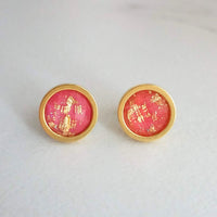 Pink Gold Earrings, watermelon pink earring, coral earring, coral pink stud, gold leaf earring, gold flake earring, stainless steel earring - Constant Baubling