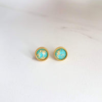 Turquoise Blue Stud Earrings, small gold leaf earrings, little gold studs, turquoise stud earrings, gold stainless steel stud gold foil stud - Constant Baubling