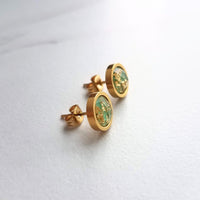 Mint Green Gold Earrings, small mint green earrings, stainless steel earrings, green gold foil studs, mint green studs, little round earring - Constant Baubling