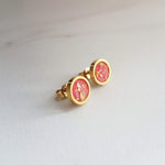 Pink Gold Earrings, watermelon pink earring, coral earring, coral pink stud, gold leaf earring, gold flake earring, stainless steel earring - Constant Baubling