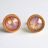 Small Round Purple Earrings, gold stainless steel stud, light purple stud, gold foil studs, little gold leaf studs, pale light purple, lilac - Constant Baubling