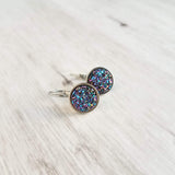 Blue Purple Galaxy Earrings - faux druzy stone in hypoallergenic stainless steel leverback, rough iridescent cobalt blue amethyst finish - Constant Baubling