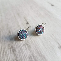 Blue Purple Galaxy Earrings - faux druzy stone in hypoallergenic stainless steel leverback, rough iridescent cobalt blue amethyst finish - Constant Baubling