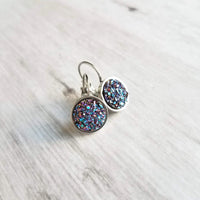 Blue Purple Galaxy Earrings - faux druzy stone in hypoallergenic stainless steel leverback, rough iridescent cobalt blue amethyst finish - Constant Baubling