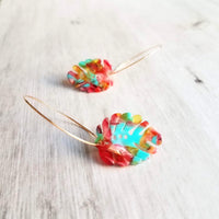 Monstera Leaf Earrings - large thin gold hoops with lightweight removable acrylic leaves - tropical pink, turquoise blue, gold amber, clear - Constant Baubling