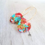 Monstera Leaf Earrings - large thin gold hoops with lightweight removable acrylic leaves - tropical pink, turquoise blue, gold amber, clear - Constant Baubling